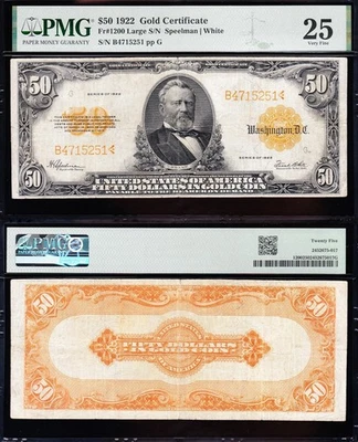 VERY NICE *RARE* Bold & Crisp VF+ 1922 $50 GOLD CERTIFICATE! PMG 25! B4715251 - Image 1 of 3