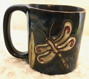 Mara Mexiko Keramik 12 Unzen blau beige Libelle Blatt Becher Steinzeug matte Glasur - Bild 1 von 6