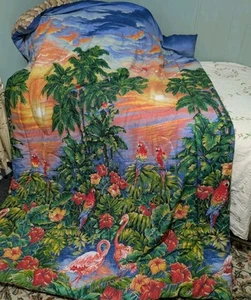 Rare Vintage Twin Size Tropical flamingo Parrot Jungle Comforter - Picture 1 of 4