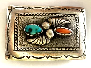 Native American Turquoise Coral Sterling Signed RHY Stampwork Belt Buckle Patina - Picture 1 of 14
