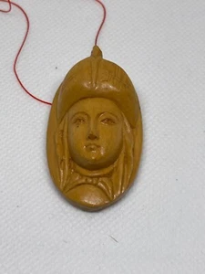 Vintage Lakshmi Hindu Goddess Wooden Carved Statue Sculpture Pendant 2" x 1 1/2" - Picture 1 of 2