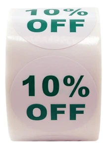 2 rollos de etiquetas de descuento "10% OFF" (500 etiquetas/rollo, 1,5" de diámetro) ¡Libre de BPA! - Imagen 1 de 2