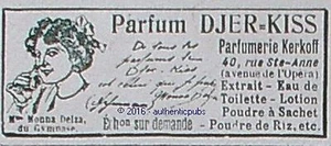 PUBLICITE PARFUM DJER KISS KERKOFF M. MONNA DELZA DU GYMNASE DE 1910 AD PUB RARE - Picture 1 of 1