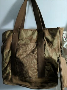 Vintage Brown Tan Tropical Floral Leaf Canvas Lined Tote Bag Purse w/ coin purse - Picture 1 of 4