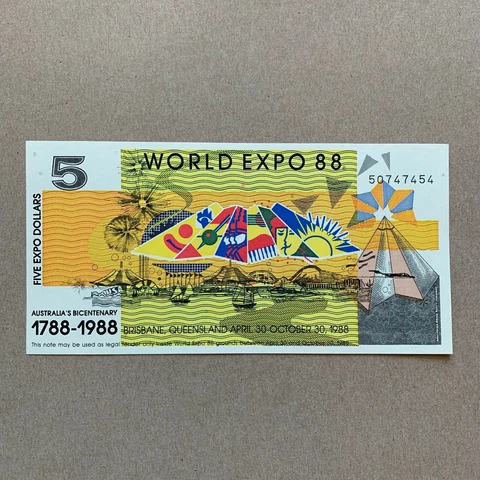 AUSTRALIAN: WORLD EXPO (1988) 5  DOLLAR NOTE Banknote Currency Ephemera Note Cover