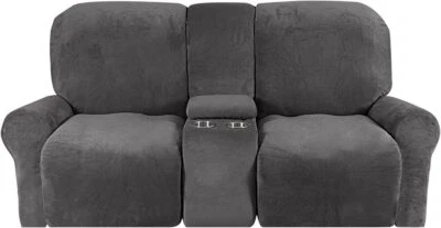 Funda de sofá elástica de 2 plazas de terciopelo con portavasos para sala de estar Foto 1 de 4