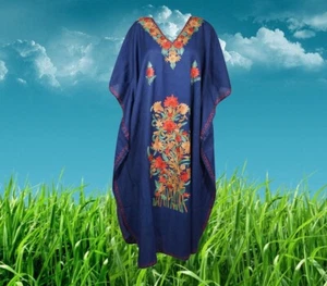 Navy Blue Maxi Dress Cotton Kaftan Kimono Embroidered Resort wear L-2XL - Picture 1 of 7