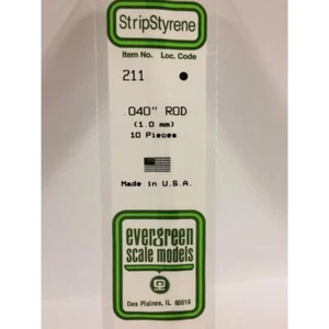 Evergreen 211 - 0.04"/1.0mm Polystyrene 14"/35cm Rods 10pcs - Picture 1 of 1
