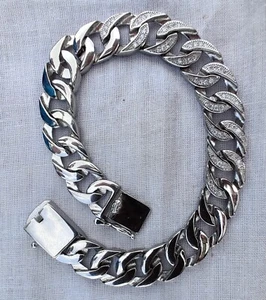 925 Sterling Silver With Cubic Zirconia Cuban Curb Link Chain Men's Bracelet - Picture 1 of 8