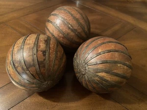 3 Vintage Wooden Decorative Spheres Balls With Brass - Picture 1 of 7