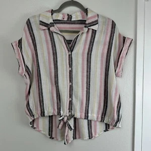 Camicia Sanctuary a righe donna grande con bottoni bianca pastello lino cravatta davanti - Foto 1 di 4