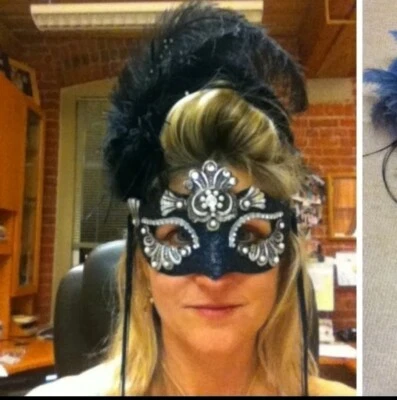 Crystal & Feather Black Venetian Carnival Masquerade Mask Women Handmade - Image 1 of 4