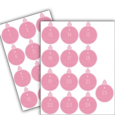 ESKVINYL 25 Christmas DIY Advent Calendar Number Blush Pink Bauble Stickers Labels Sticky