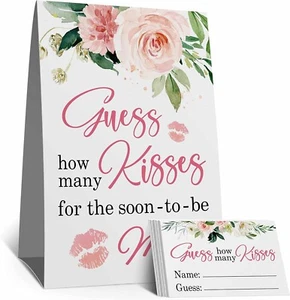 How Many Kisses Bridal Shower Game Sign, Pink Floral, How Many Kisses for the - Picture 1 of 4