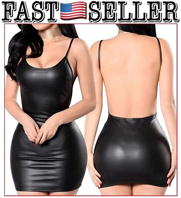 Women Sexy Mini Dress Black Faux Leather Backless Club Party Short Dress, Small - Image 1 of 4