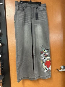 Ed Hardy 32 x 32 Wide Leg Denim Jeans Men's Lt Gray - Picture 1 of 7