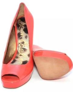 Sam Edelman Tacoma Heel Flamingo Patent Square Peep Toe Pump platform Orange 7.5 - Picture 1 of 7