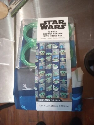 NUEVO Cortina de Ducha Mandaloriana Star Wars + Ganchos 13 Piezas Baby Yoda 72 x 72 Tela Foto 1 de 2