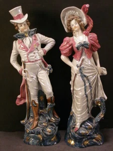 Pr 2 Victorian German Porcelain Sculpture Statue Figurine Salt Glaze Blue Bisque - Picture 1 of 9