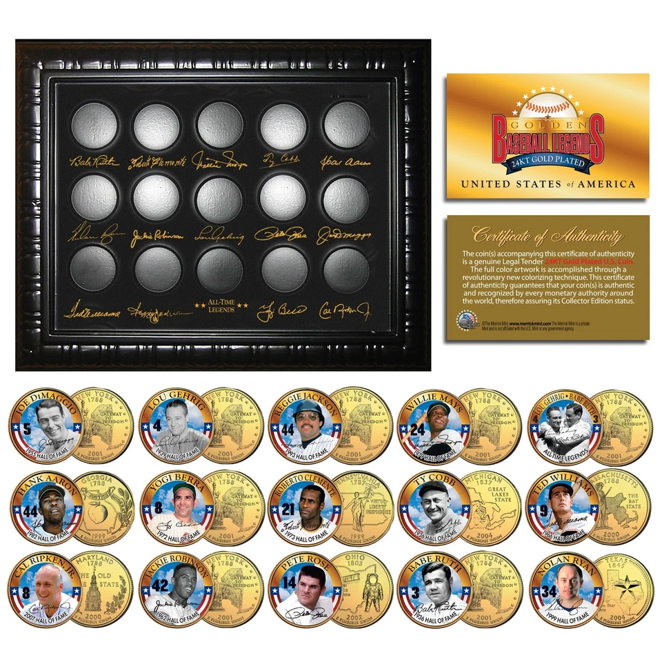 BASEBALL LEGENDS 15-Coin Set 24K Gold Plated State Quarters w/Display SUPER SALE - Image 1 of 1