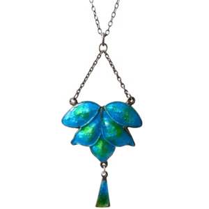 Antique ARTS & CRAFTS C1900 Sterling Silver BLUE & GREEN ENAMEL 'LEAF' NECKLACE - Picture 1 of 7