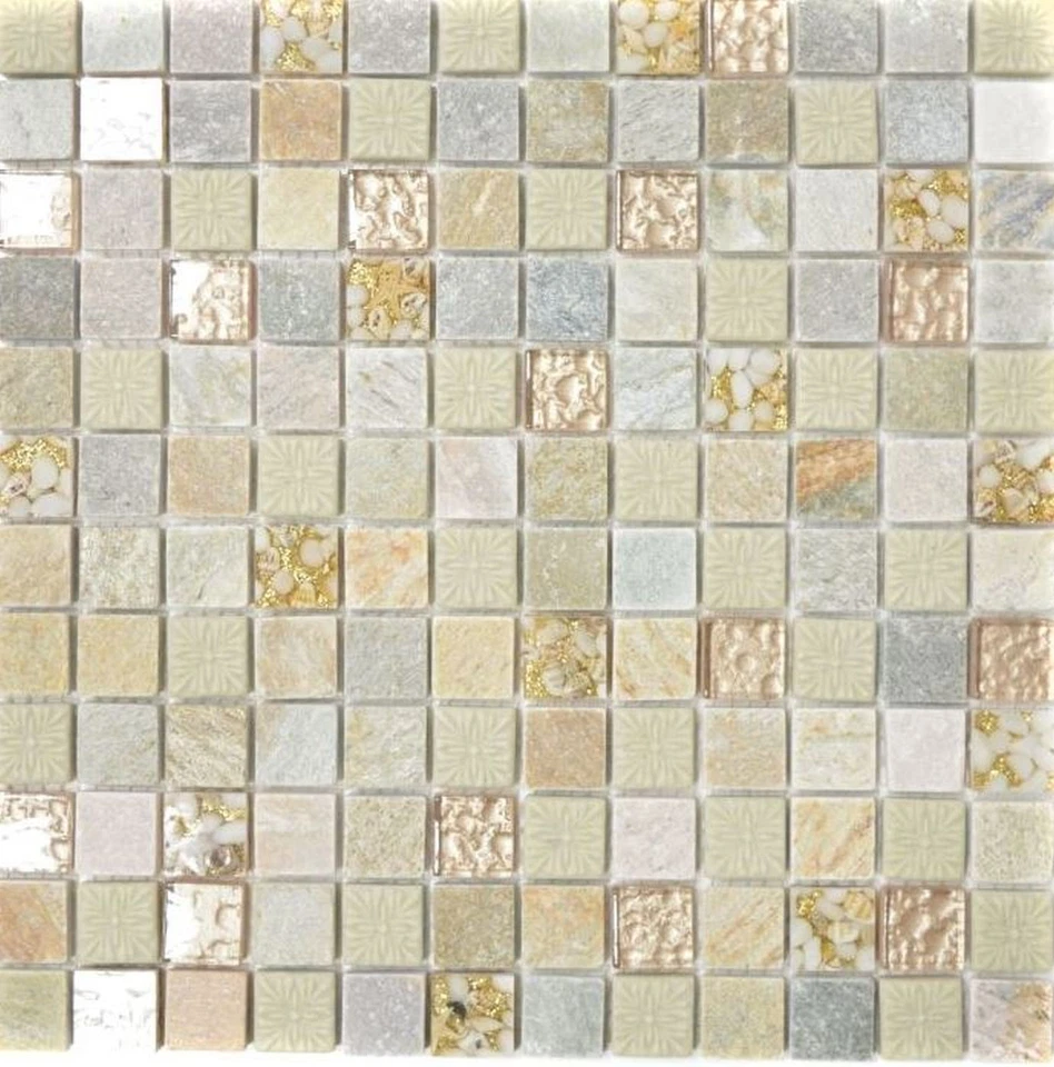 Naturstein Rustikal Quarzit Naturstein Mosaikfliese Glasmosaik gold beige ... - Bild 1 von 4