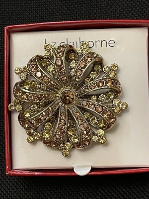 Broche Liz Claiborne Flor Tono Oro Amarillo Vintage Años 90 Estrás Prendedor En Caja Foto 1 de 4