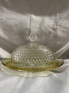 Rare Vintage Indiana Glass Yellow Diamond Point Lg. Oval Covered Butter Dish - Picture 1 of 3