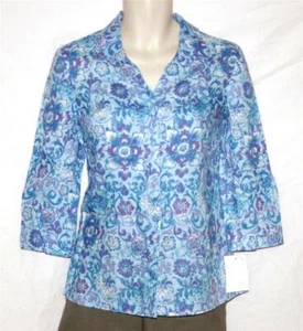 JM Collection Womens Top Blue Print Button Down Linen Shirt Size 8 NWT - Picture 1 of 2