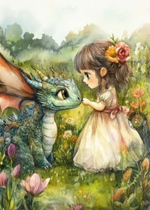 PRINT ACEO Art Card Cute Little Girl Dragon Flower Garden Limited Edition - Picture 1 of 1