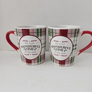 Royal Norfolk Christmas Mugs Most Wonderful Time Of Year Red Green Plaid 2 Piece - Picture 1 of 15