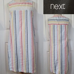 Next Multicoloured Stripe Linen Blend Shift Dress Sleeveless Crochet Size 10 - Picture 1 of 11