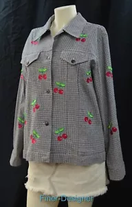 Cracker Factory B&W Gingham Coat JACKET top cherry fruit embroidered Size M NEW - Picture 1 of 6