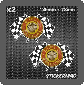 x2 SHELL ÖL DISTRESSED GEKREUZTE KARIERTE FLAGGEN AUFKLEBER RETRO KRAFTSTOFF BENZIN - Bild 1 von 1