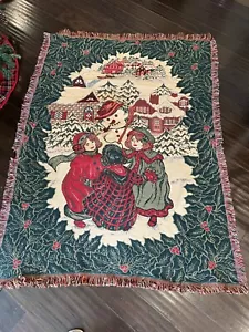 Vintage Christmas Throw Children Playing Hollies Border 64” X 47” - Picture 1 of 3