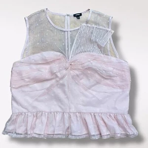 Express Women Pink Tulle Dot Twist Front Peplum Tank Top Size L Boho Coquette - Picture 1 of 8