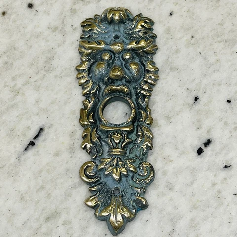 Vintage Brass & Patina Door Bell Button Cover Plate Gargoyle Face mouth Mexico Cover