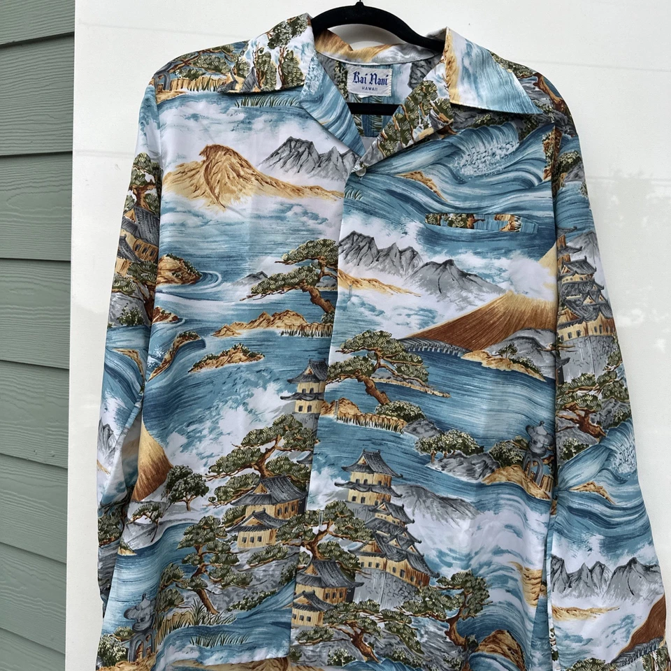 Рубашка мужская гавайская Aloha винтажная 1970-е США X большая с длинным рукавом редкая - Изображение 1 из 1