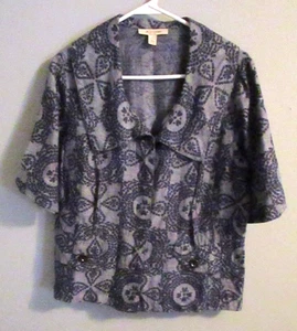 JM Collection Vintage Gray/Navy Floral Short Sleeve Collar Button Jacket -Size 8 - Picture 1 of 11