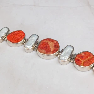 Sterling Silber Koralle & Perlen Gliederarmband - verstellbar 7,75" - 8,5" - Handwerk - Bild 1 von 14