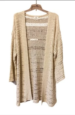 Easel Los Angeles Open Cardigan Sweater 3/4 Sleeve Beige Boho Relaxed - Image 1 of 4