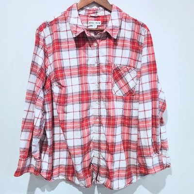 Blusa Ava & Viv Para Mujer Roja Blanca A Cuadros Abotonada Talla 3X Western Informal Rodeo Foto 1 de 4