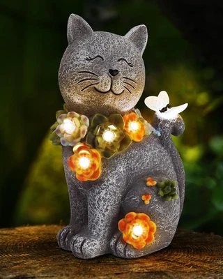 Estatuas solares de jardín decoración exterior, 6 luces LED de estatuilla de mariposa con flores de gato, Foto 1 de 4