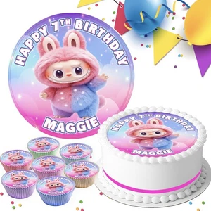 LABUBU BIRTHDAY PARTY PERSONALISED EDIBLE CAKE TOPPER & CUPCAKE TOPPERS PK-133 - Picture 1 of 7