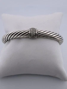 David Yurman Plata de Ley y Oro Blanco 18K Brazalete Cable Diamantes! - Imagen 1 de 10