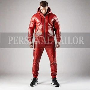 Men's Real Lambskin Red Leather Cargo Pockets Track Suit Sweatsuit Jogging Set - Picture 1 of 2