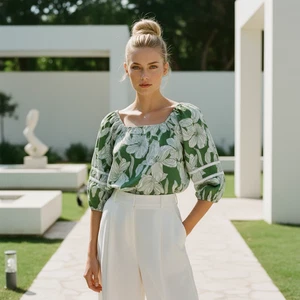 Tahari Leinen Bluse Oberteil Damen Gr. M grün geblümt tropisch Küste kastig 3/4 Arm - Bild 1 von 12