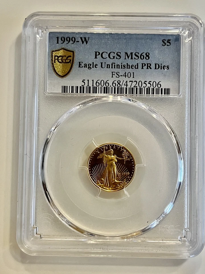 1999 W $5 Gold American Eagle MS 68 PCGS, “Unfinished Proof Dies”! FS-401 1/10oz - Image 1 of 4
