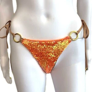 Costume da bagno Beach Bunny cravatta laterale fondo skimpy taglia M arancione paillettes iridescente NUOVO - Foto 1 di 13