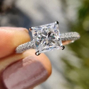 2.94 TCW Princess Cut Moissanite Three Row Engagement Ring 14k White Gold Plated - Picture 1 of 7